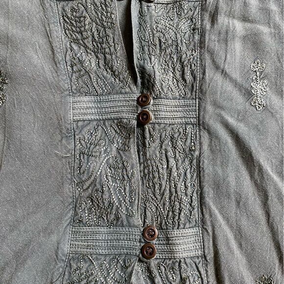 Geeta Tunic Top Over Shirt Embroidered Bohemian Button Front Green Rayon India - Picture 4 of 10